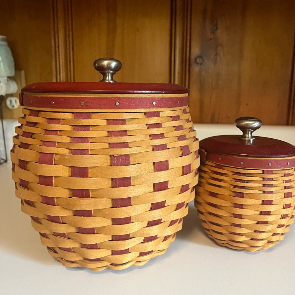 Longaberger Natural and Burgundy Woven Canister Set with Metal Knobs - Picture 2 of 6